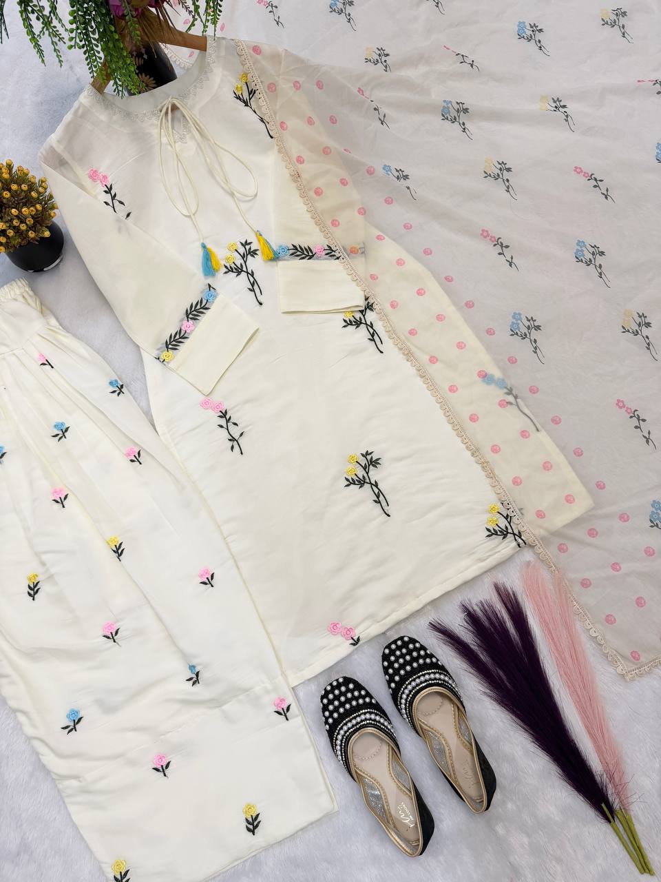 Off-White Pastel Flora Palazzo Suit